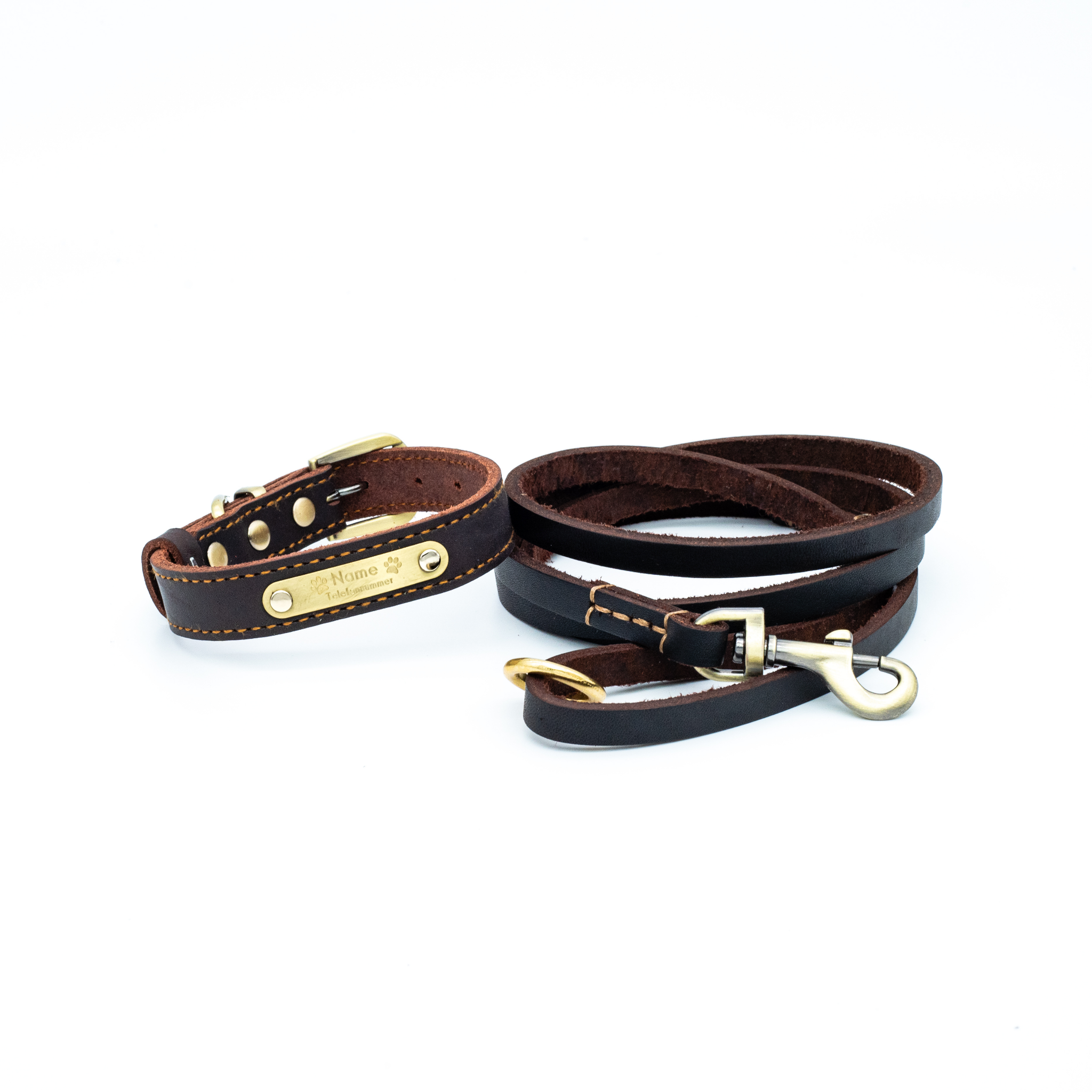 Premium Series Small Set - Halsband & Leine in Kastanie